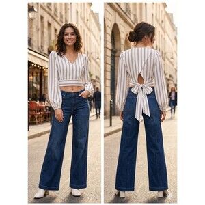 NWT* JOA Striped Cropped Balloon Sleeve Tie Back Chic Blouse White Brown Women M